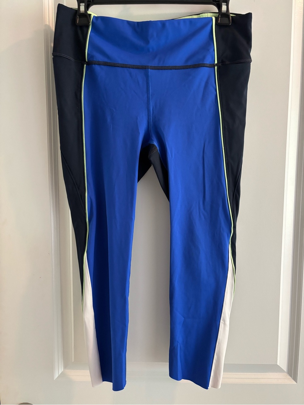 Athleta Blue, Black & White Colorblock Leggings with Lime Piping
